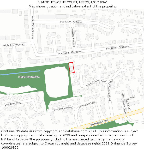 5, MIDDLETHORNE COURT, LEEDS, LS17 8SW: Location map and indicative extent of plot