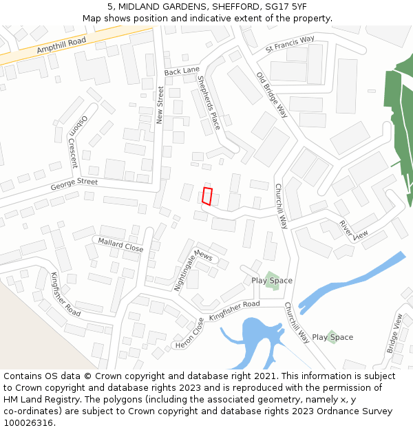 5, MIDLAND GARDENS, SHEFFORD, SG17 5YF: Location map and indicative extent of plot