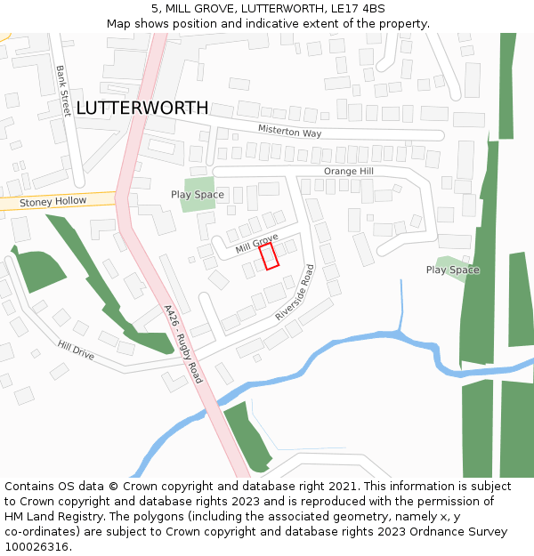 5, MILL GROVE, LUTTERWORTH, LE17 4BS: Location map and indicative extent of plot
