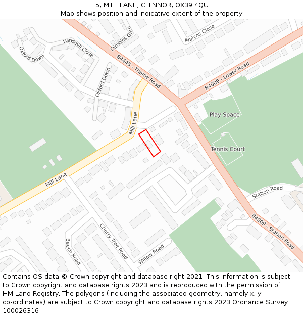 5, MILL LANE, CHINNOR, OX39 4QU: Location map and indicative extent of plot