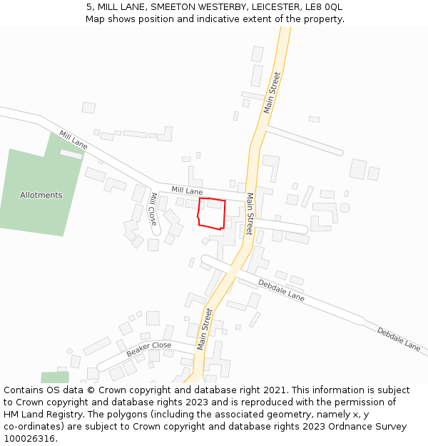 5, MILL LANE, SMEETON WESTERBY, LEICESTER, LE8 0QL: Location map and indicative extent of plot
