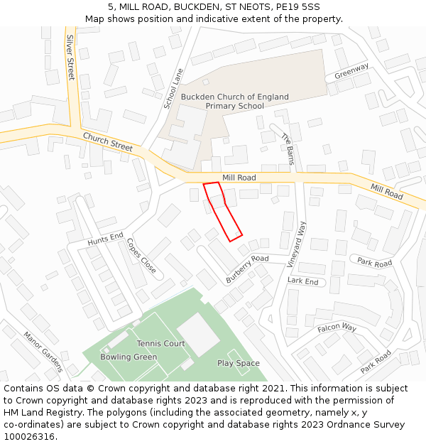 5, MILL ROAD, BUCKDEN, ST NEOTS, PE19 5SS: Location map and indicative extent of plot