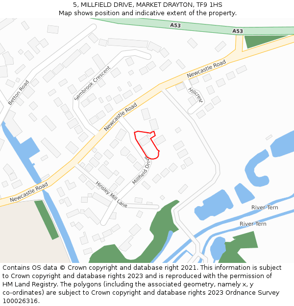 5, MILLFIELD DRIVE, MARKET DRAYTON, TF9 1HS: Location map and indicative extent of plot