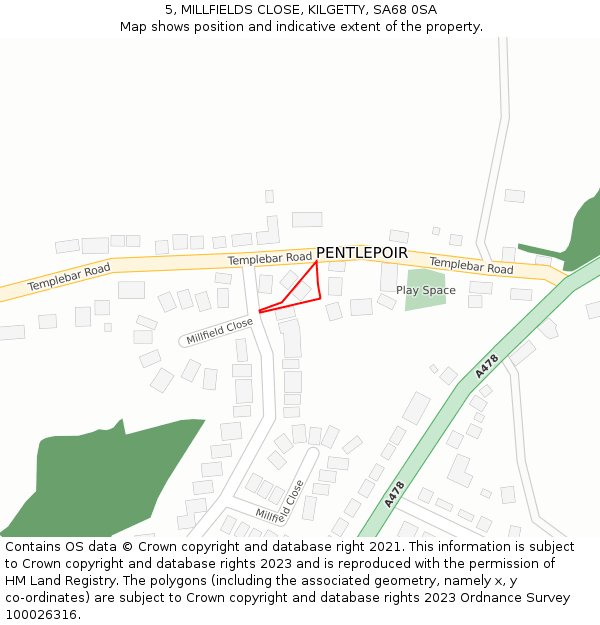 5, MILLFIELDS CLOSE, KILGETTY, SA68 0SA: Location map and indicative extent of plot