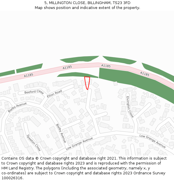 5, MILLINGTON CLOSE, BILLINGHAM, TS23 3FD: Location map and indicative extent of plot
