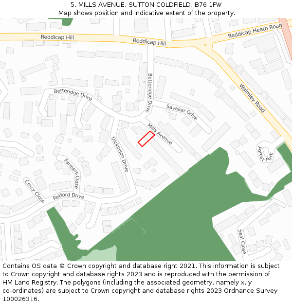5, MILLS AVENUE, SUTTON COLDFIELD, B76 1FW: Location map and indicative extent of plot