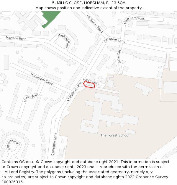5, MILLS CLOSE, HORSHAM, RH13 5QA: Location map and indicative extent of plot