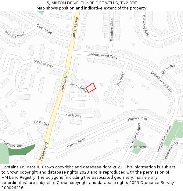 5, MILTON DRIVE, TUNBRIDGE WELLS, TN2 3DE: Location map and indicative extent of plot