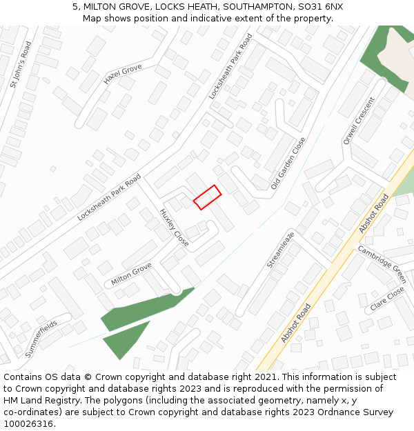 5, MILTON GROVE, LOCKS HEATH, SOUTHAMPTON, SO31 6NX: Location map and indicative extent of plot