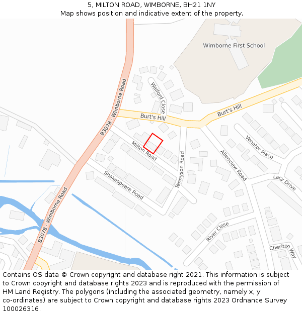 5, MILTON ROAD, WIMBORNE, BH21 1NY: Location map and indicative extent of plot