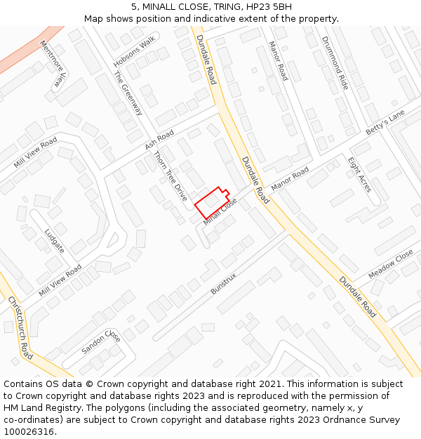 5, MINALL CLOSE, TRING, HP23 5BH: Location map and indicative extent of plot