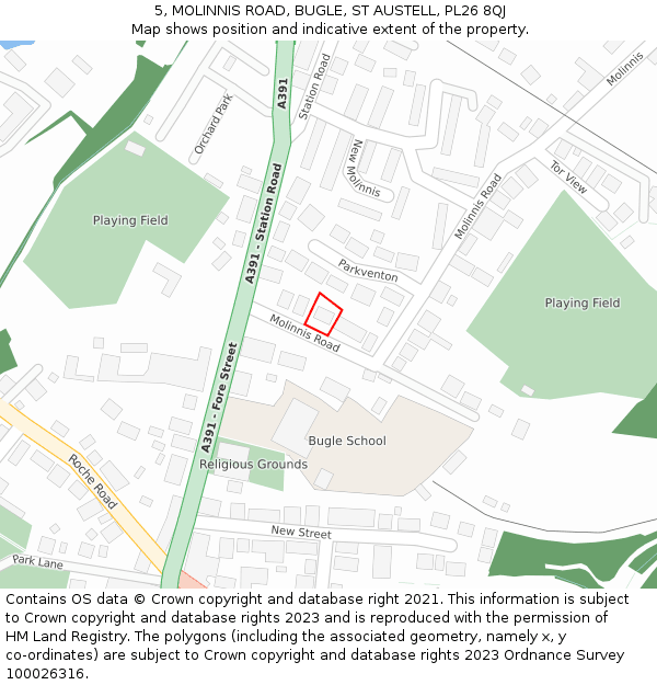 5, MOLINNIS ROAD, BUGLE, ST AUSTELL, PL26 8QJ: Location map and indicative extent of plot