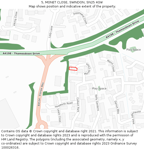 5, MONET CLOSE, SWINDON, SN25 4GW: Location map and indicative extent of plot