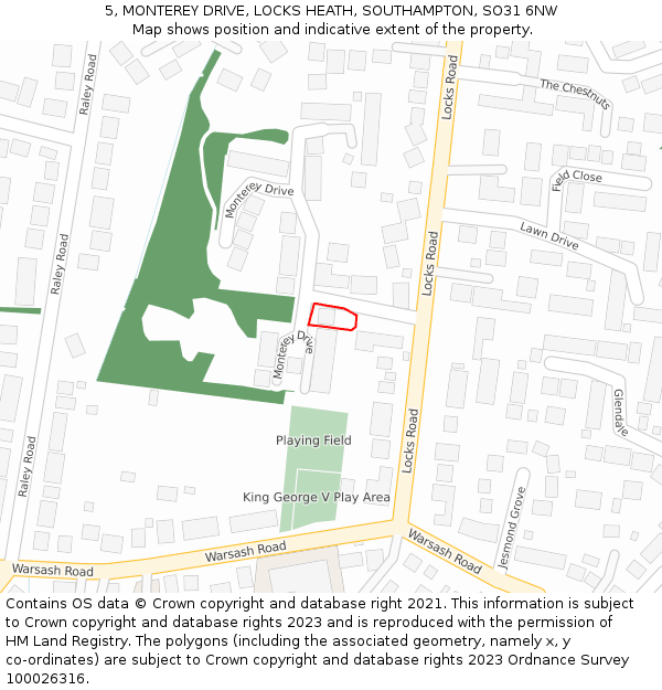 5, MONTEREY DRIVE, LOCKS HEATH, SOUTHAMPTON, SO31 6NW: Location map and indicative extent of plot