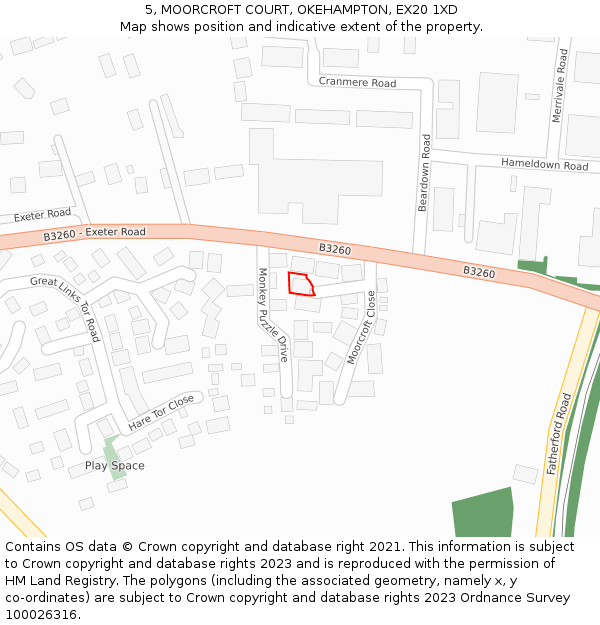 5, MOORCROFT COURT, OKEHAMPTON, EX20 1XD: Location map and indicative extent of plot