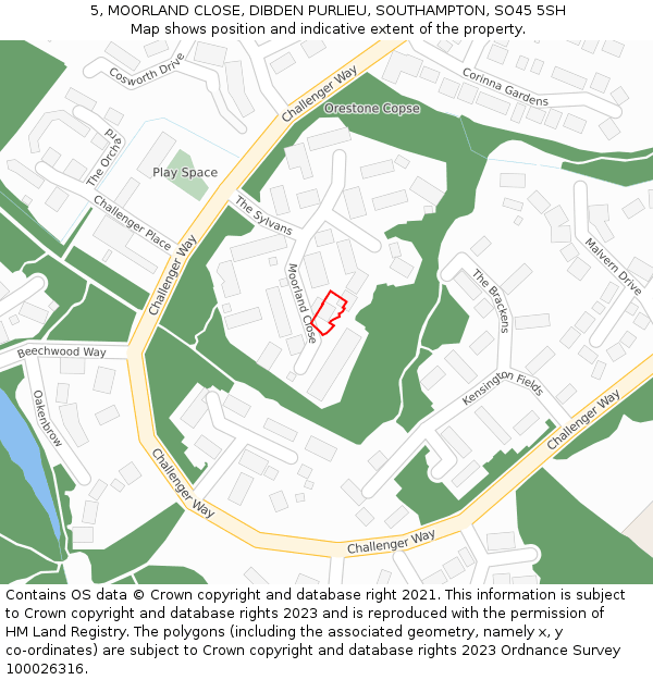 5, MOORLAND CLOSE, DIBDEN PURLIEU, SOUTHAMPTON, SO45 5SH: Location map and indicative extent of plot