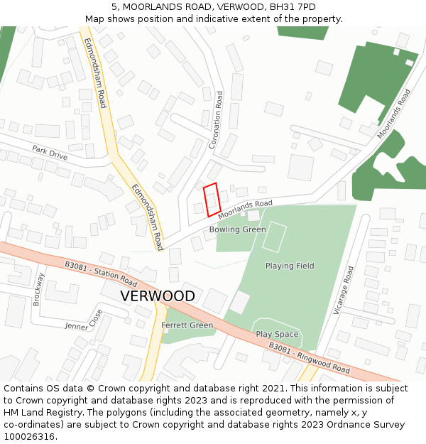 5, MOORLANDS ROAD, VERWOOD, BH31 7PD: Location map and indicative extent of plot