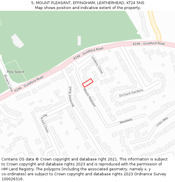 5, MOUNT PLEASANT, EFFINGHAM, LEATHERHEAD, KT24 5NS: Location map and indicative extent of plot