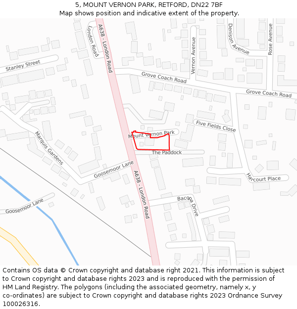 5, MOUNT VERNON PARK, RETFORD, DN22 7BF: Location map and indicative extent of plot