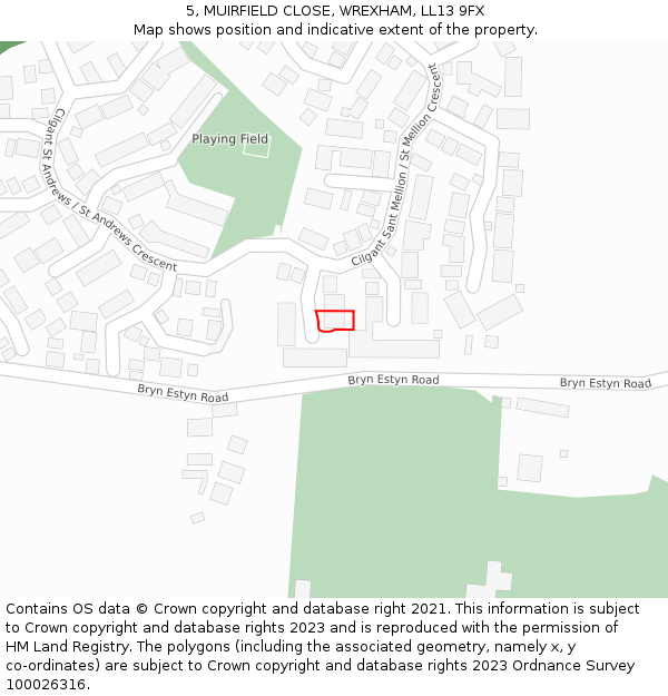 5, MUIRFIELD CLOSE, WREXHAM, LL13 9FX: Location map and indicative extent of plot