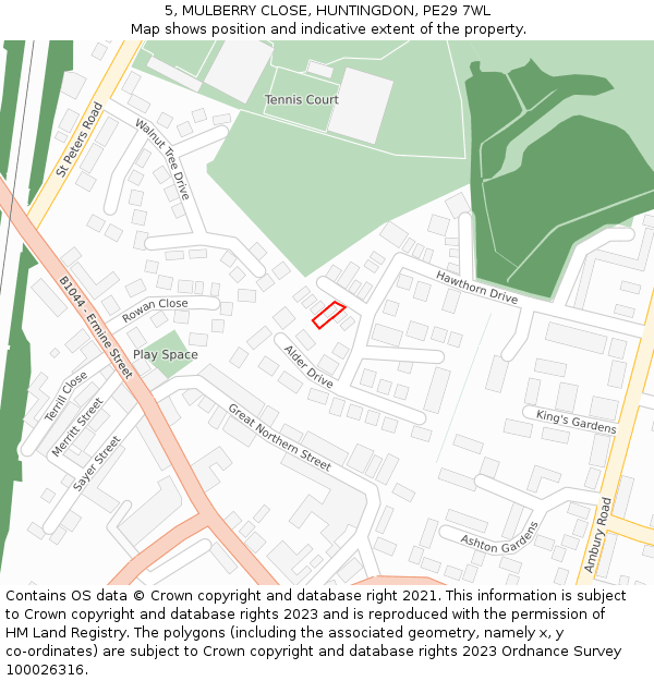 5, MULBERRY CLOSE, HUNTINGDON, PE29 7WL: Location map and indicative extent of plot