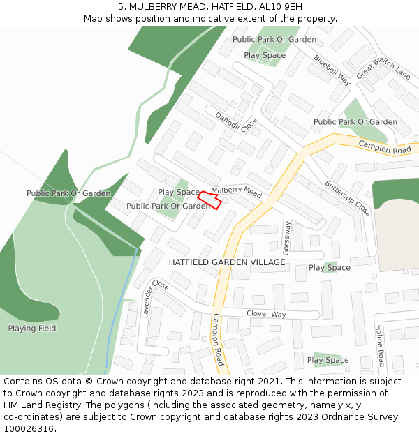 5, MULBERRY MEAD, HATFIELD, AL10 9EH: Location map and indicative extent of plot