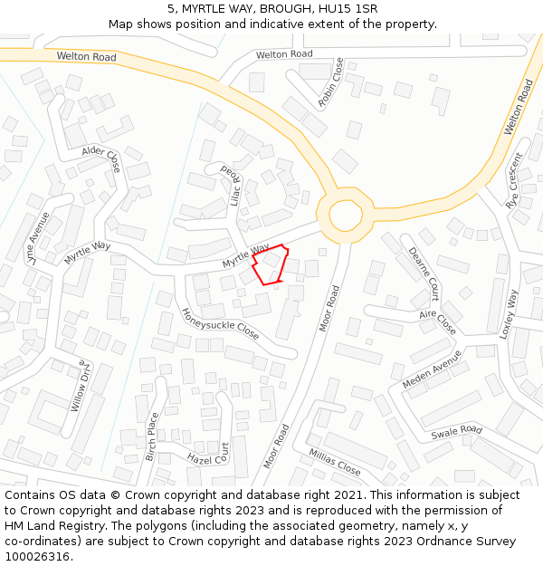 5, MYRTLE WAY, BROUGH, HU15 1SR: Location map and indicative extent of plot