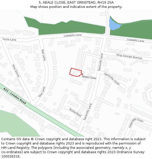 5, NEALE CLOSE, EAST GRINSTEAD, RH19 2SA: Location map and indicative extent of plot