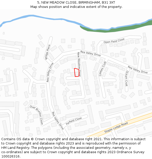 5, NEW MEADOW CLOSE, BIRMINGHAM, B31 3XT: Location map and indicative extent of plot