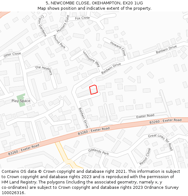 5, NEWCOMBE CLOSE, OKEHAMPTON, EX20 1UG: Location map and indicative extent of plot