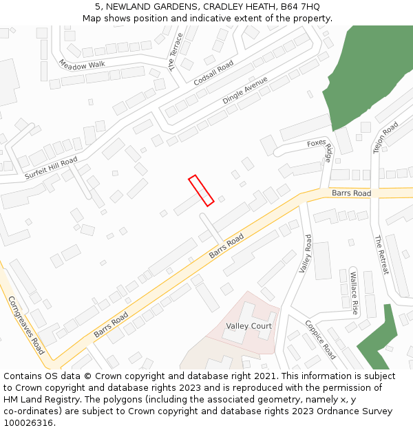 5, NEWLAND GARDENS, CRADLEY HEATH, B64 7HQ: Location map and indicative extent of plot