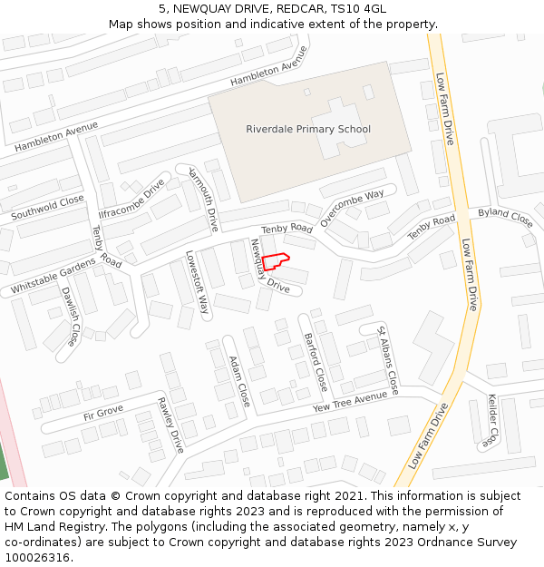 5, NEWQUAY DRIVE, REDCAR, TS10 4GL: Location map and indicative extent of plot