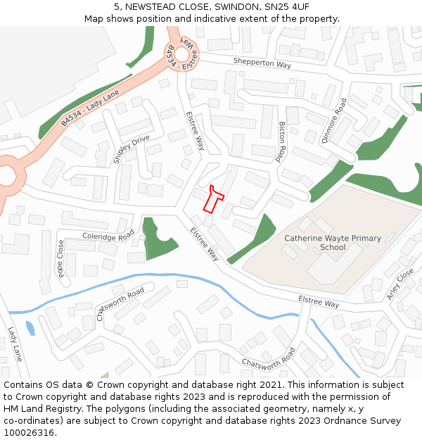 5, NEWSTEAD CLOSE, SWINDON, SN25 4UF: Location map and indicative extent of plot