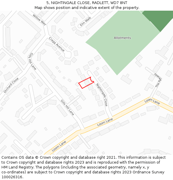 5, NIGHTINGALE CLOSE, RADLETT, WD7 8NT: Location map and indicative extent of plot