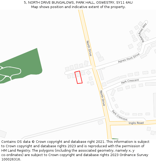 5, NORTH DRIVE BUNGALOWS, PARK HALL, OSWESTRY, SY11 4AU: Location map and indicative extent of plot