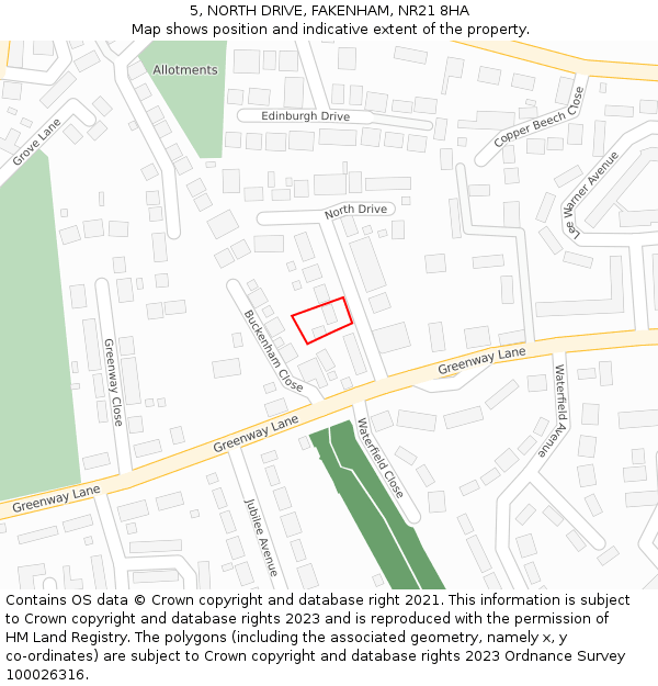 5, NORTH DRIVE, FAKENHAM, NR21 8HA: Location map and indicative extent of plot