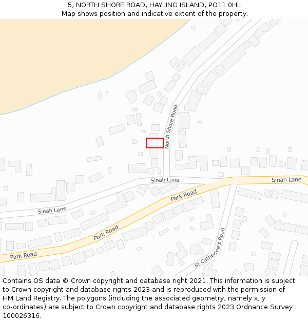 5, NORTH SHORE ROAD, HAYLING ISLAND, PO11 0HL: Location map and indicative extent of plot