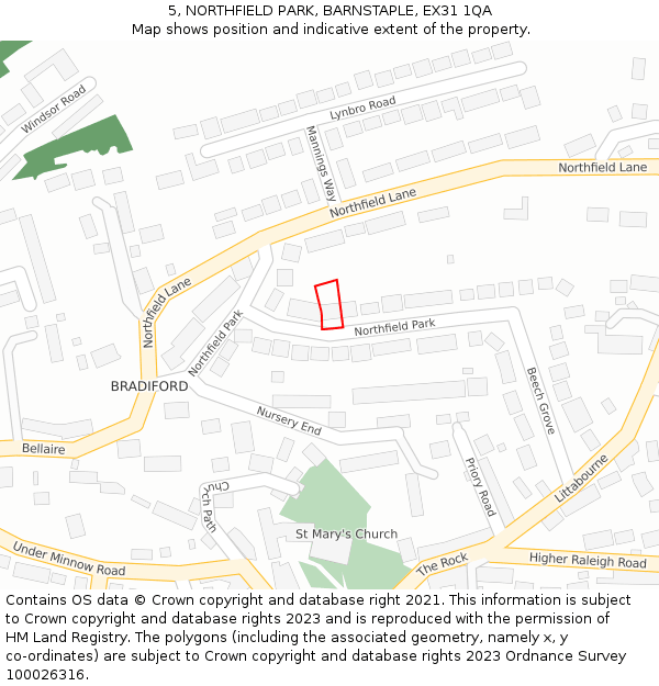 5, NORTHFIELD PARK, BARNSTAPLE, EX31 1QA: Location map and indicative extent of plot