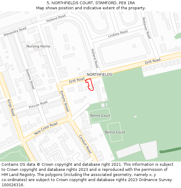 5, NORTHFIELDS COURT, STAMFORD, PE9 1RA: Location map and indicative extent of plot