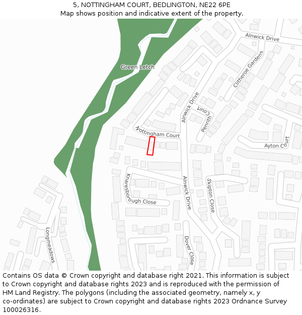 5, NOTTINGHAM COURT, BEDLINGTON, NE22 6PE: Location map and indicative extent of plot