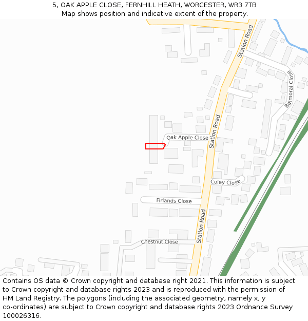 5, OAK APPLE CLOSE, FERNHILL HEATH, WORCESTER, WR3 7TB: Location map and indicative extent of plot