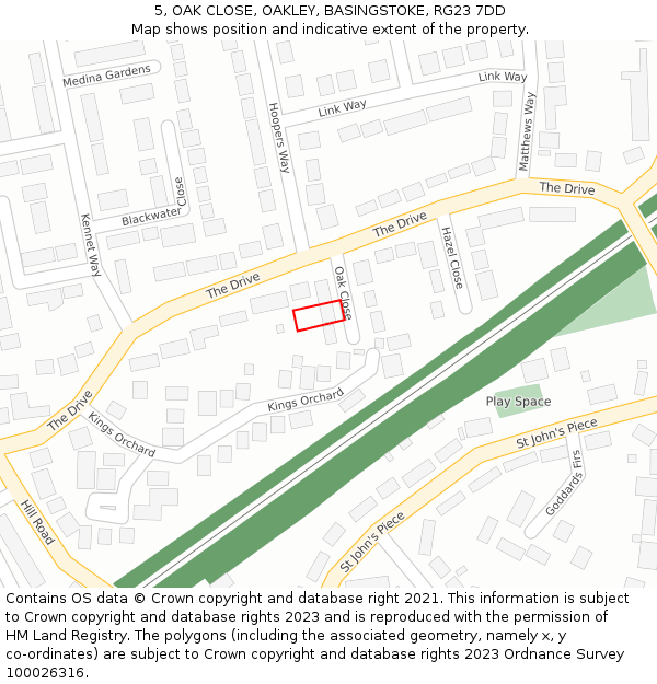 5, OAK CLOSE, OAKLEY, BASINGSTOKE, RG23 7DD: Location map and indicative extent of plot