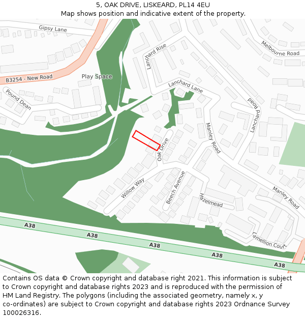 5, OAK DRIVE, LISKEARD, PL14 4EU: Location map and indicative extent of plot