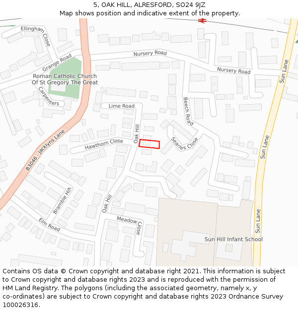 5, OAK HILL, ALRESFORD, SO24 9JZ: Location map and indicative extent of plot