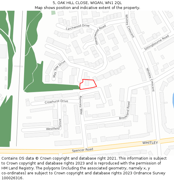 5, OAK HILL CLOSE, WIGAN, WN1 2QL: Location map and indicative extent of plot