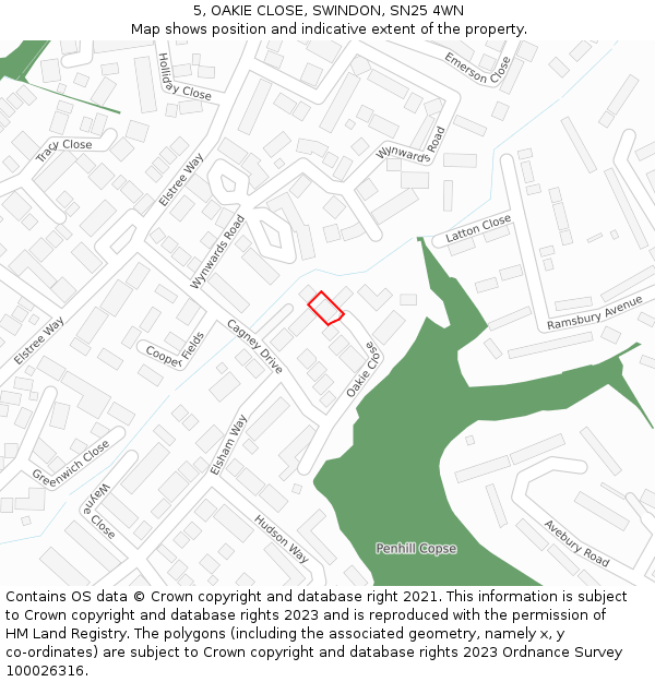 5, OAKIE CLOSE, SWINDON, SN25 4WN: Location map and indicative extent of plot