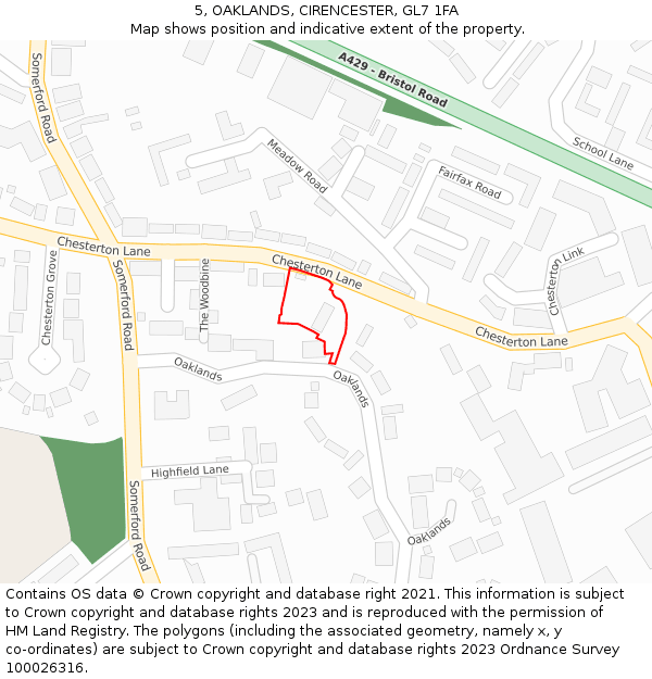 5, OAKLANDS, CIRENCESTER, GL7 1FA: Location map and indicative extent of plot