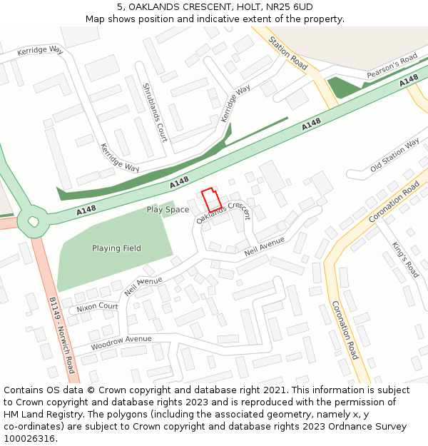 5, OAKLANDS CRESCENT, HOLT, NR25 6UD: Location map and indicative extent of plot