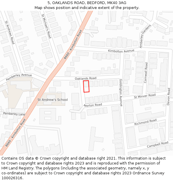 5, OAKLANDS ROAD, BEDFORD, MK40 3AG: Location map and indicative extent of plot