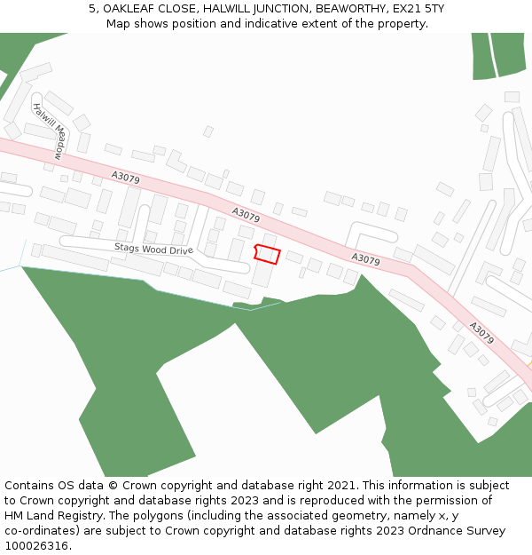 5, OAKLEAF CLOSE, HALWILL JUNCTION, BEAWORTHY, EX21 5TY: Location map and indicative extent of plot